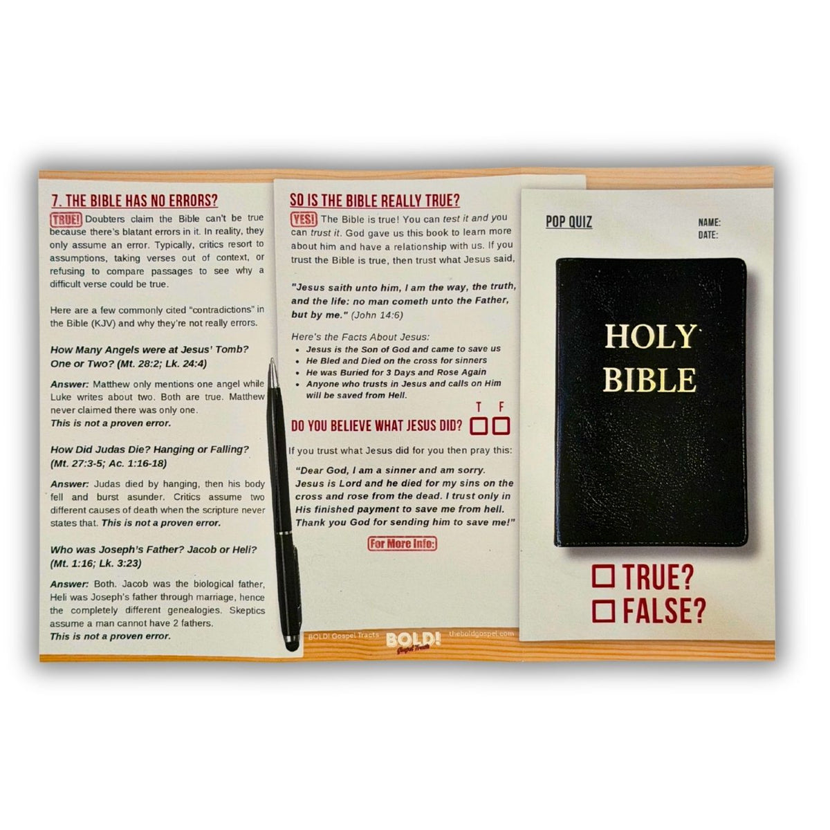 Educational card with questions about the Bible and a pen on a white background
