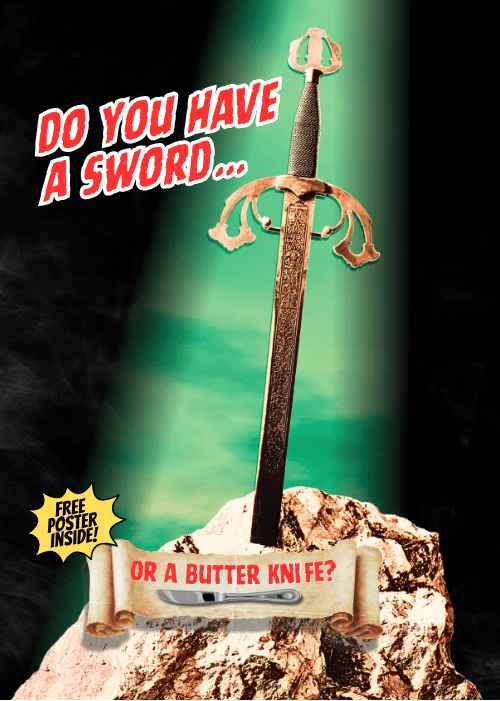 Comic book page with sword and text on a dark background.
